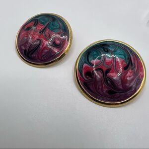 Vintage Gold Colored Tin/Button Earrings with Purple/Pink/Teal Enamel